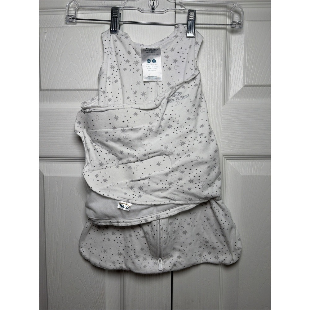 HALO SleepSack Swaddle Newborn Size NB White Gray Moon Star Cotton Sleep Bag